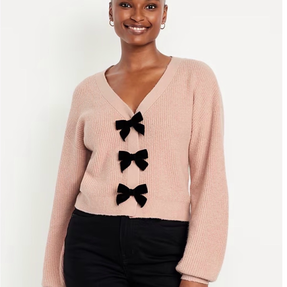 Old Navy SoSoft V-Neck Bow-Front Cropped Cardigan Sweater Powder Pink Large